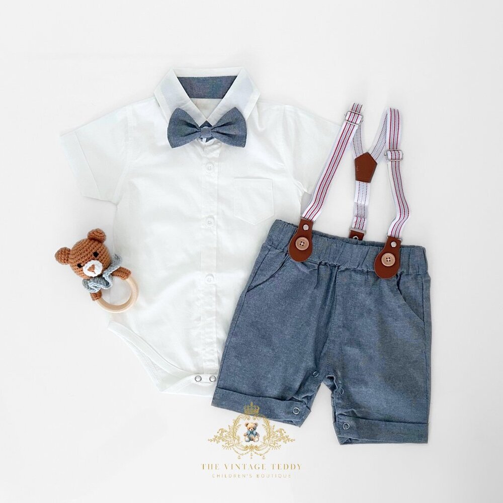 NWT Handsome Boys Oxford Button Down Onesie One-Piece Shorts Matching Ser 18-24M